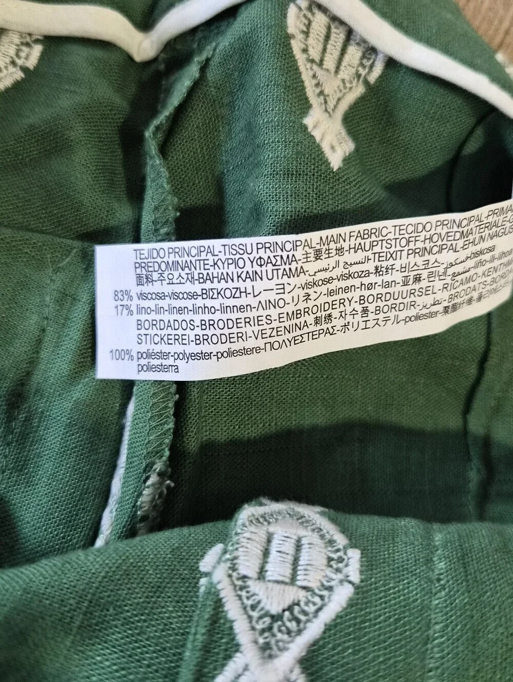 Zara Linen Blend Green With White Embroidered Cropped Pants Size Medium